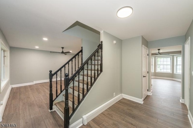 5 Britton St, Netcong Boro, NJ 07857 - staircase with ceiling fan, baseboards, wood finished floors, and recessed lighting