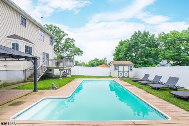 5 Britton St, Netcong Boro, NJ 07857 - view of swimming pool featuring a wooden deck, a fenced backyard, stairs, and a gazebo