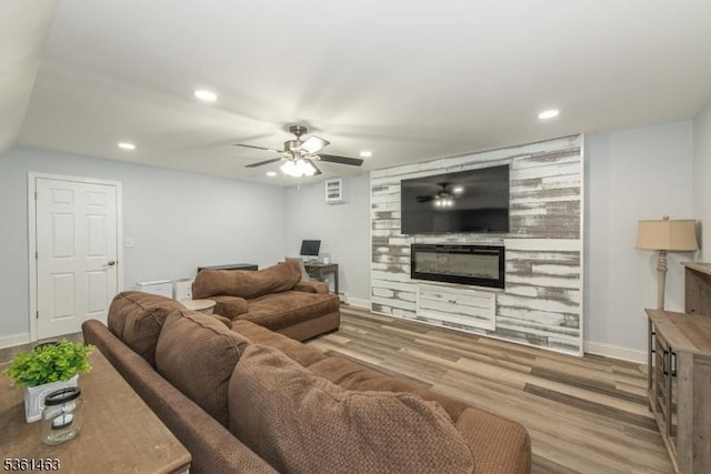 5 Britton St, Netcong Boro, NJ 07857 - living area featuring a ceiling fan, recessed lighting, baseboards, wood finished floors, and a large fireplace