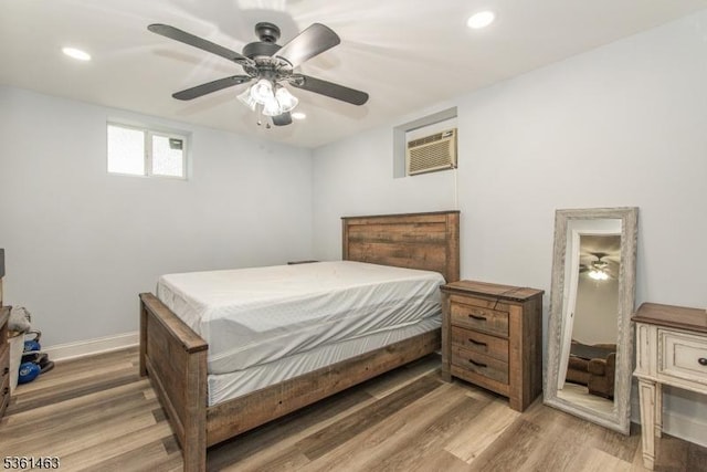 5 Britton St, Netcong Boro, NJ 07857 - bedroom featuring light wood-style floors, recessed lighting, baseboards, a wall unit AC, and ceiling fan