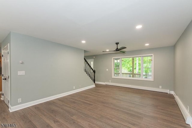 5 Britton St, Netcong Boro, NJ 07857 - unfurnished living room with stairs, wood finished floors, ceiling fan, baseboards, and recessed lighting