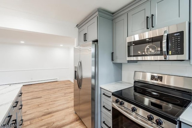 16 Deanna Dr Unit 23, Hillsborough Twp, NJ 08844 - kitchen featuring stainless steel appliances, light wood-style flooring, light stone counters, gray cabinets, and tasteful backsplash