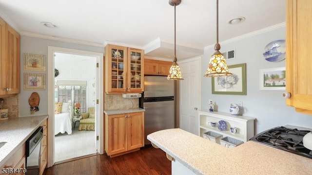 23 Laurel Pl, Fanwood Boro, NJ 07023 - kitchen with appliances with stainless steel finishes, crown molding, backsplash, light countertops, and dark wood-type flooring