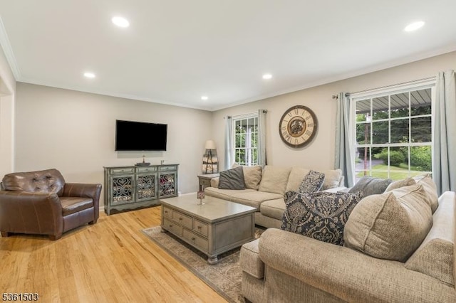 1730 Arrowbrook Dr, Bridgewater Twp, NJ 08836 - living area featuring crown molding, light wood finished floors, and recessed lighting