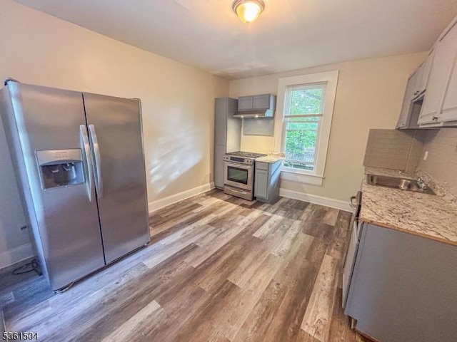 80 Western Ave, Morristown Town, NJ 07960 - kitchen with stainless steel appliances, gray cabinetry, wood finished floors, and baseboards