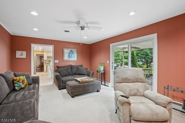 52 Hawthorne Ave, Springfield Twp, NJ 07081 - living room featuring a ceiling fan, recessed lighting, light carpet, and crown molding