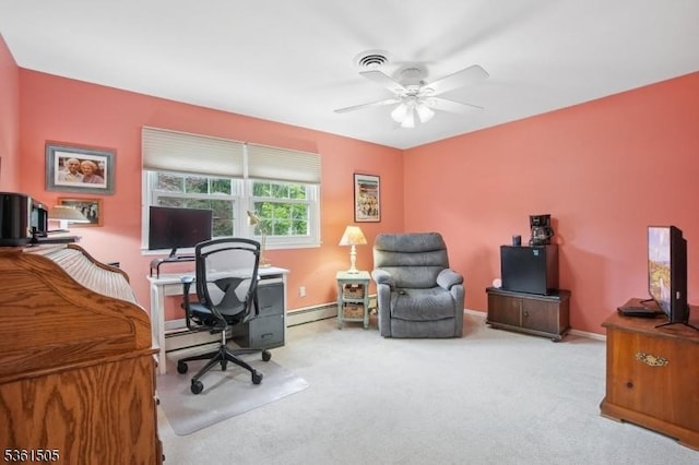 52 Hawthorne Ave, Springfield Twp, NJ 07081 - carpeted office featuring ceiling fan, a baseboard radiator, and baseboards