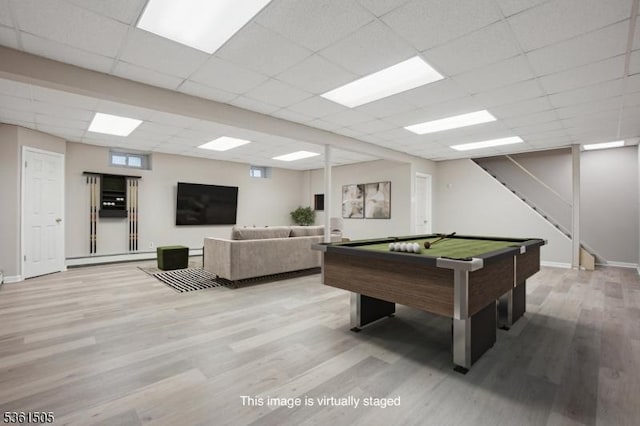 52 Hawthorne Ave, Springfield Twp, NJ 07081 - recreation room featuring wood finished floors, billiards table, a paneled ceiling, a baseboard radiator, and baseboards