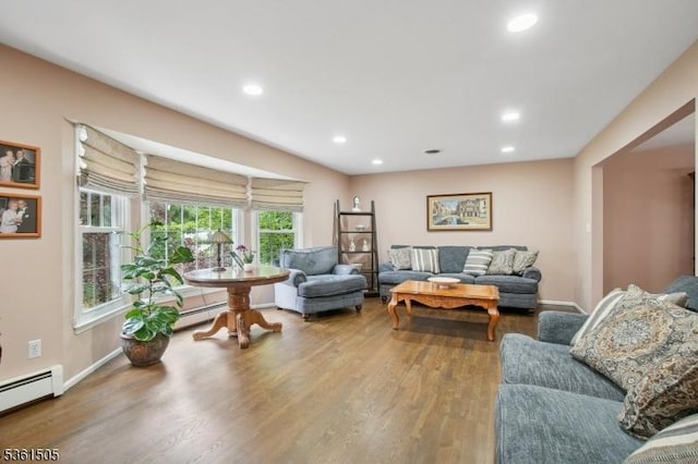 52 Hawthorne Ave, Springfield Twp, NJ 07081 - living area featuring a baseboard radiator, wood finished floors, recessed lighting, and baseboards