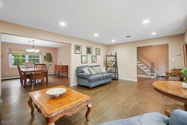 52 Hawthorne Ave, Springfield Twp, NJ 07081 - living room featuring stairs, wood finished floors, a chandelier, baseboard heating, and recessed lighting