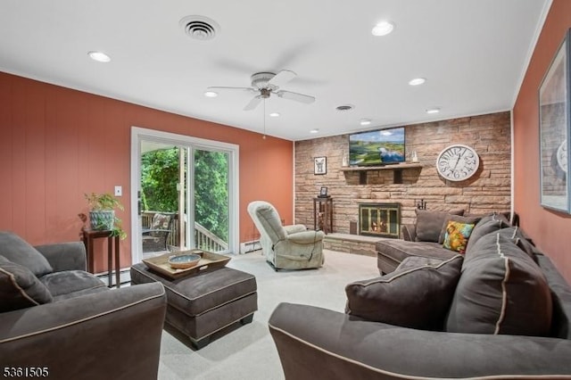 52 Hawthorne Ave, Springfield Twp, NJ 07081 - living area with a baseboard radiator, a ceiling fan, carpet flooring, recessed lighting, and a baseboard heating unit