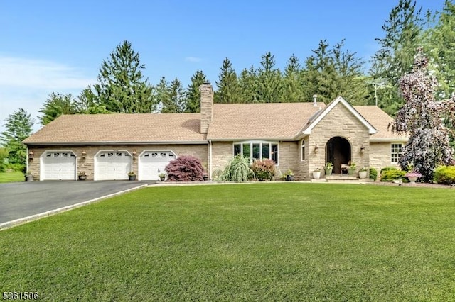 140 Lambertville Hopewell Rd, East Amwell Twp, NJ 08525 - ranch-style home with asphalt driveway, a front yard, a garage, stone siding, and a chimney