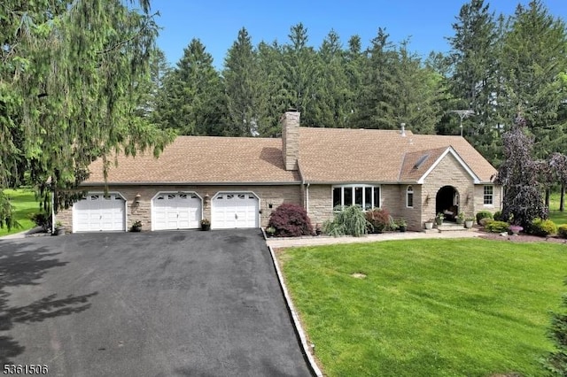 140 Lambertville Hopewell Rd, East Amwell Twp, NJ 08525 - view of front of home featuring stone siding, an attached garage, driveway, a front lawn, and a chimney