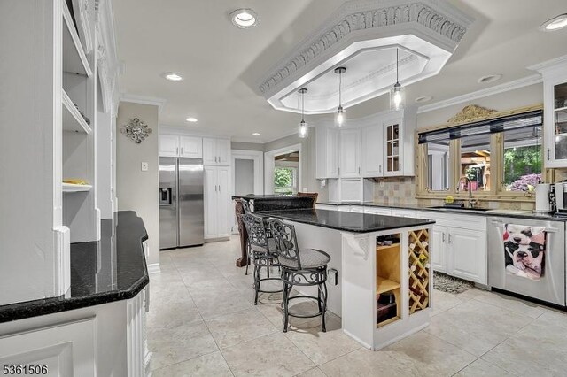 140 Lambertville Hopewell Rd, East Amwell Twp, NJ 08525 - kitchen with appliances with stainless steel finishes, a sink, open shelves, crown molding, and white cabinets