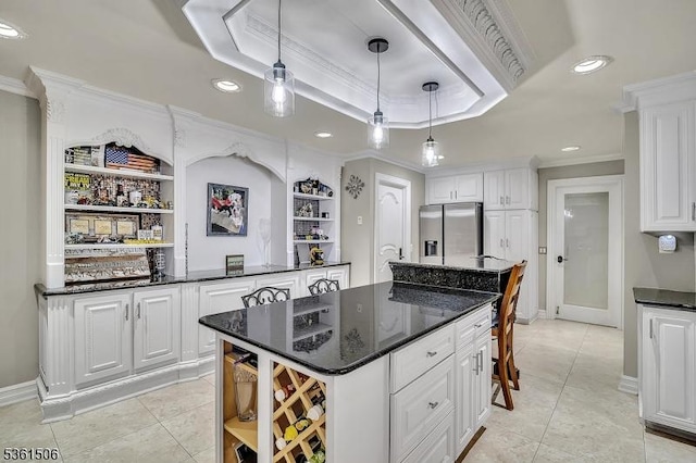 140 Lambertville Hopewell Rd, East Amwell Twp, NJ 08525 - kitchen featuring stainless steel refrigerator with ice dispenser, open shelves, crown molding, white cabinets, and a kitchen island