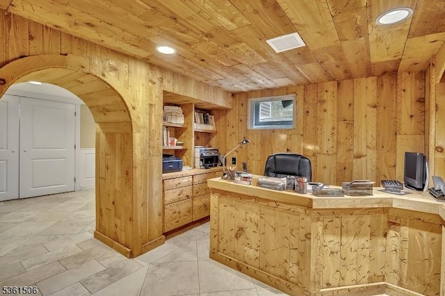 140 Lambertville Hopewell Rd, East Amwell Twp, NJ 08525 - office space featuring wood ceiling, wooden walls, recessed lighting, and arched walkways