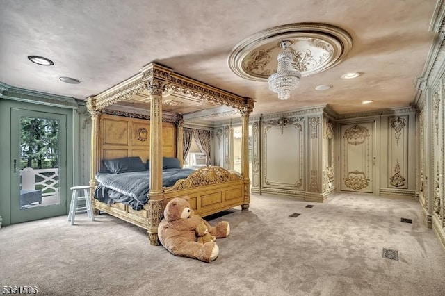140 Lambertville Hopewell Rd, East Amwell Twp, NJ 08525 - bedroom featuring light colored carpet, access to outside, a chandelier, crown molding, and recessed lighting