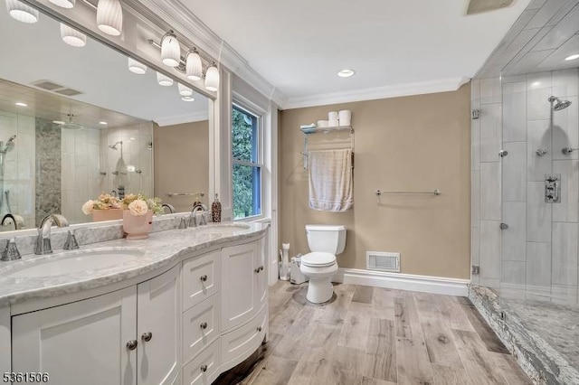 140 Lambertville Hopewell Rd, East Amwell Twp, NJ 08525 - full bathroom with toilet, a stall shower, double vanity, ornamental molding, and baseboards