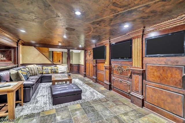 140 Lambertville Hopewell Rd, East Amwell Twp, NJ 08525 - living room featuring stone finish flooring, ornamental molding, recessed lighting, and wainscoting