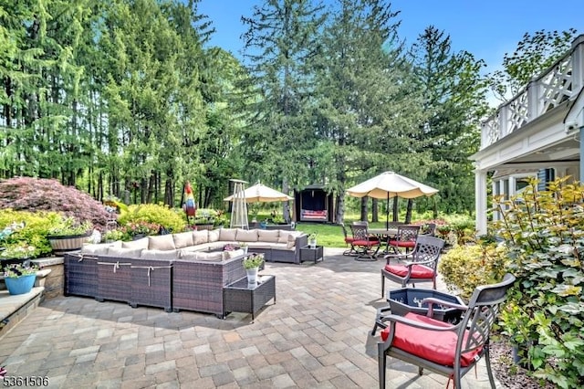 140 Lambertville Hopewell Rd, East Amwell Twp, NJ 08525 - view of patio / terrace featuring outdoor lounge area, view of scattered trees, and outdoor dining area