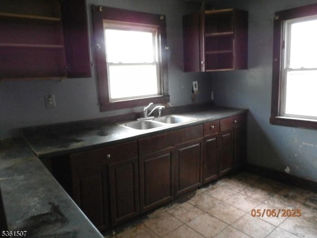 272 Lenox Pl, Franklin Twp, NJ 08873 - kitchen with open shelves, a sink, light tile patterned floors, and dark brown cabinetry