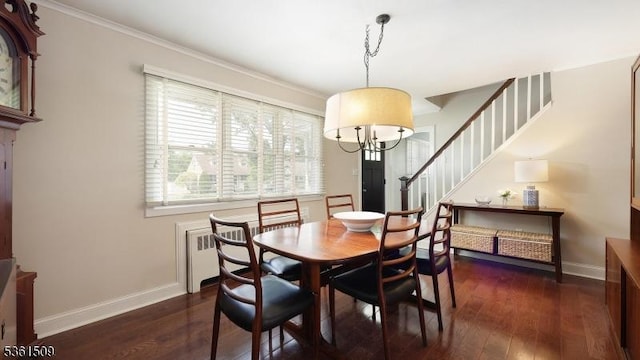 2052 Church Ave, Scotch Plains Twp, NJ 07076 - dining room featuring baseboards, stairs, dark wood finished floors, a chandelier, and ornamental molding