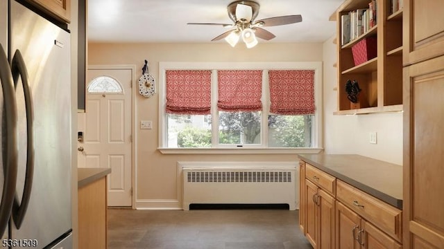 2052 Church Ave, Scotch Plains Twp, NJ 07076 - kitchen with radiator heating unit, freestanding refrigerator, healthy amount of natural light, and open shelves