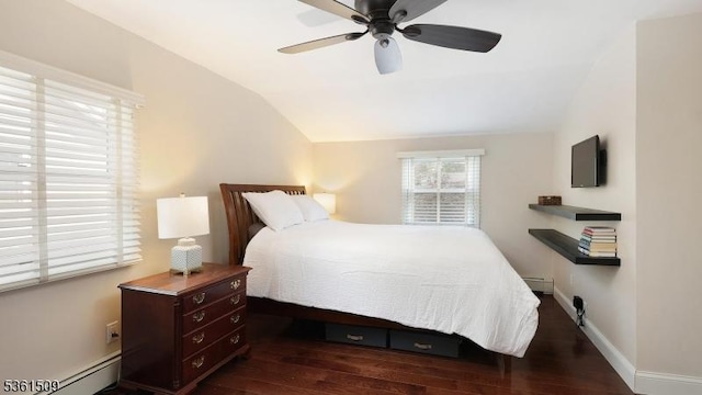 2052 Church Ave, Scotch Plains Twp, NJ 07076 - bedroom with baseboard heating, vaulted ceiling, dark wood-type flooring, a ceiling fan, and baseboards