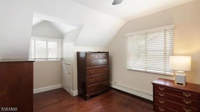 2052 Church Ave, Scotch Plains Twp, NJ 07076 - bedroom featuring a baseboard radiator, dark wood-style floors, vaulted ceiling, baseboards, and a ceiling fan
