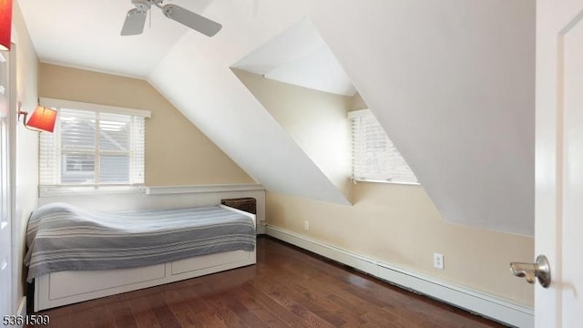 2052 Church Ave, Scotch Plains Twp, NJ 07076 - bedroom featuring baseboard heating, vaulted ceiling, wood finished floors, and ceiling fan