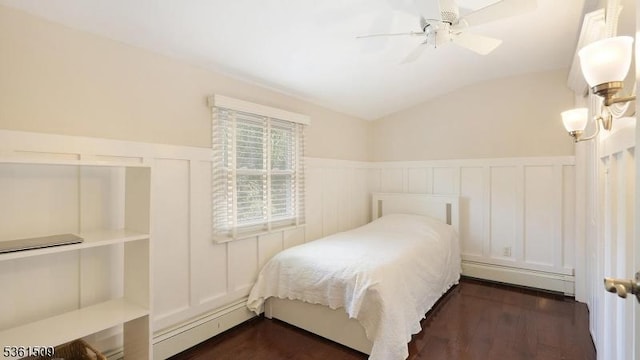 2052 Church Ave, Scotch Plains Twp, NJ 07076 - bedroom featuring vaulted ceiling, a decorative wall, wainscoting, a ceiling fan, and dark wood finished floors