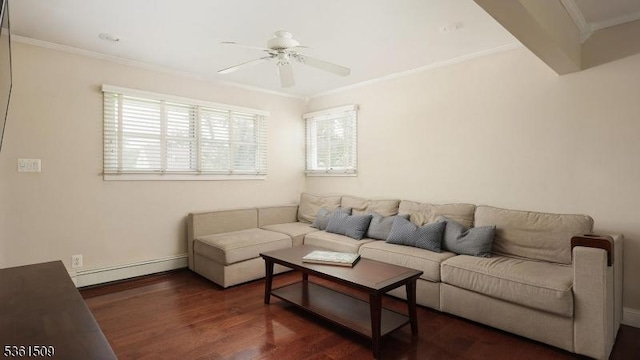 2052 Church Ave, Scotch Plains Twp, NJ 07076 - living room with baseboard heating, healthy amount of natural light, ceiling fan, wood finished floors, and ornamental molding