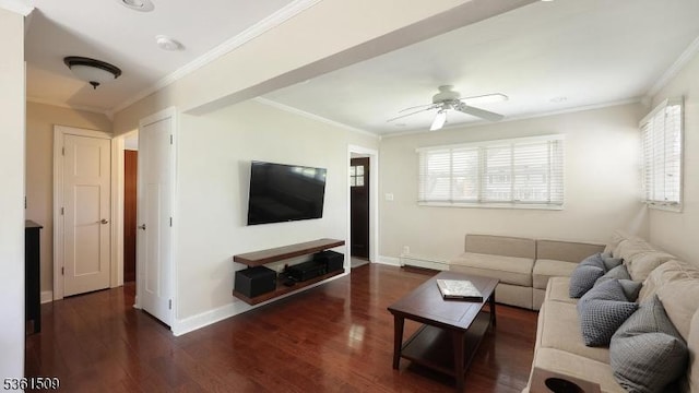 2052 Church Ave, Scotch Plains Twp, NJ 07076 - living area with wood finished floors, ornamental molding, ceiling fan, baseboard heating, and baseboards