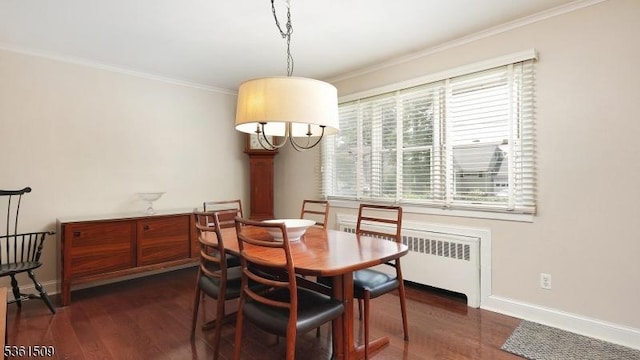 2052 Church Ave, Scotch Plains Twp, NJ 07076 - dining area with radiator heating unit, crown molding, dark wood-style flooring, and baseboards
