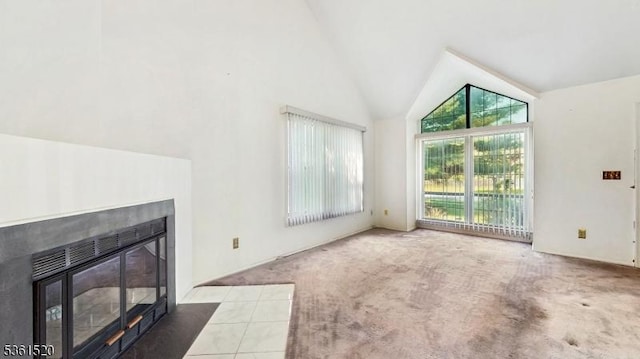 301 Smithwold Rd, Franklin Twp, NJ 08873 - unfurnished living room featuring a fireplace with flush hearth, carpet flooring, and high vaulted ceiling