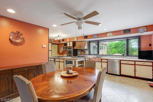 933 River Rd, Hillsborough Twp, NJ 08844 - dining area with recessed lighting, ceiling fan, and light tile patterned flooring