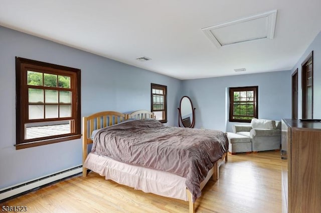933 River Rd, Hillsborough Twp, NJ 08844 - bedroom featuring baseboard heating, wood finished floors, and attic access
