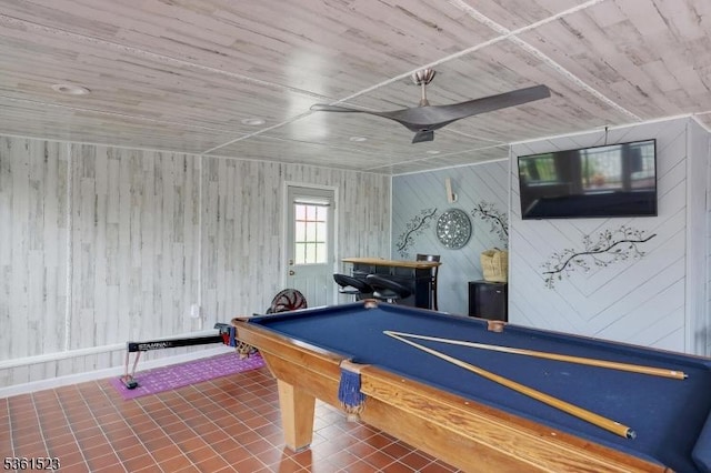 933 River Rd, Hillsborough Twp, NJ 08844 - recreation room featuring wood ceiling, tile patterned floors, pool table, wooden walls, and a ceiling fan