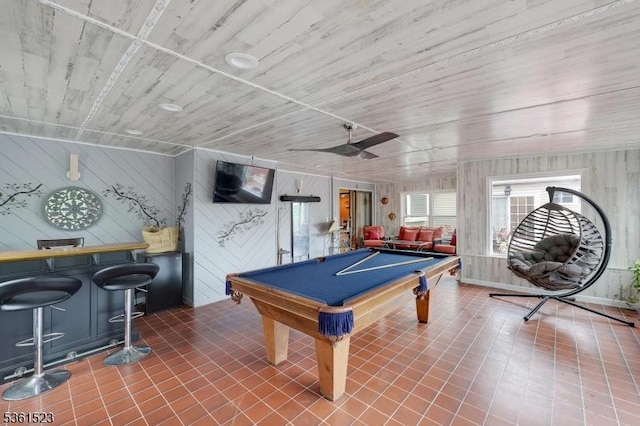 933 River Rd, Hillsborough Twp, NJ 08844 - recreation room with billiards, a ceiling fan, wood walls, and wood ceiling