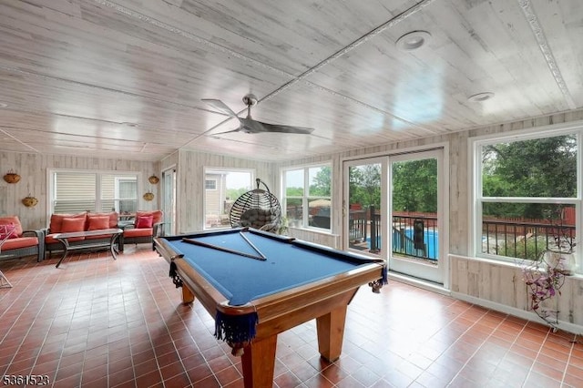 933 River Rd, Hillsborough Twp, NJ 08844 - rec room with healthy amount of natural light, billiards, ceiling fan, tile patterned floors, and wood walls