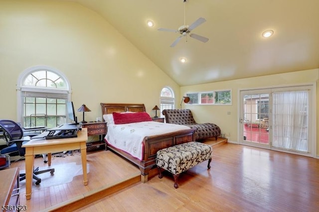 933 River Rd, Hillsborough Twp, NJ 08844 - bedroom with access to outside, high vaulted ceiling, wood finished floors, a desk, and recessed lighting