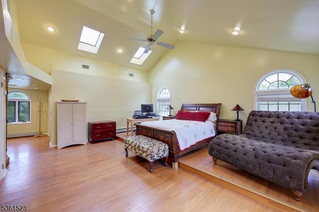 933 River Rd, Hillsborough Twp, NJ 08844 - bedroom featuring light wood-style flooring, multiple windows, a skylight, high vaulted ceiling, and baseboard heating