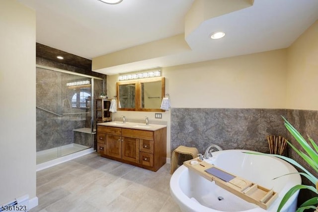933 River Rd, Hillsborough Twp, NJ 08844 - full bath featuring vanity, a garden tub, a stall shower, and recessed lighting