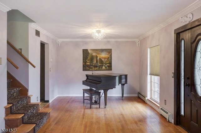 933 River Rd, Hillsborough Twp, NJ 08844 - entrance foyer with stairway, light wood-style flooring, crown molding, baseboard heating, and baseboards