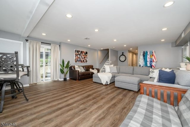 307 Squaw Trl, Hopatcong Boro, NJ 07821 - living area with light wood-style flooring, stairway, recessed lighting, and baseboards