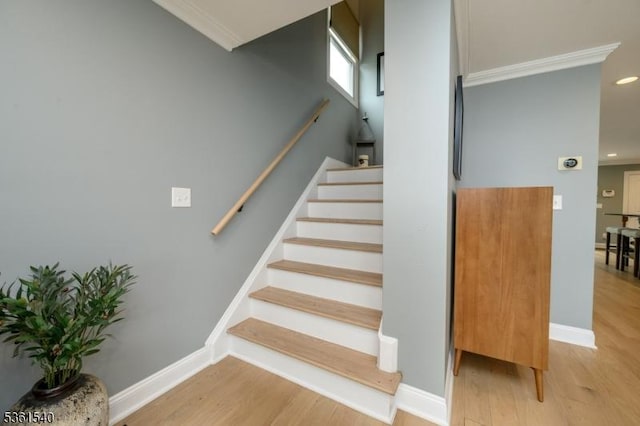 307 Squaw Trl, Hopatcong Boro, NJ 07821 - staircase with wood finished floors, crown molding, baseboards, and recessed lighting