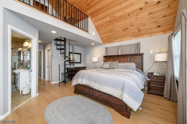 307 Squaw Trl, Hopatcong Boro, NJ 07821 - bedroom with wood finished floors, wood ceiling, baseboards, and high vaulted ceiling