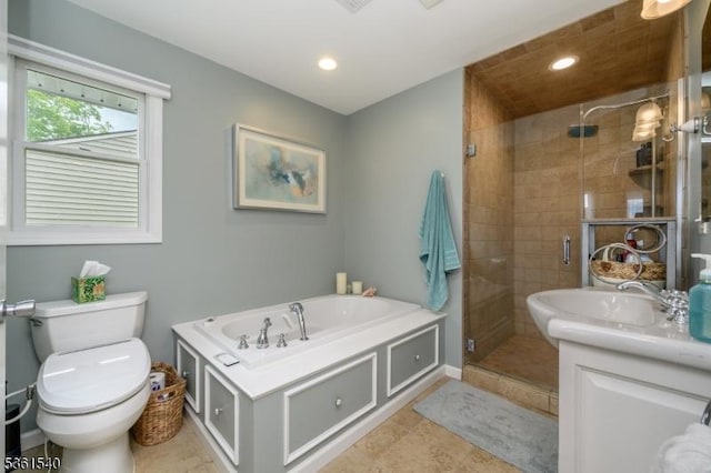 307 Squaw Trl, Hopatcong Boro, NJ 07821 - bathroom with toilet, vanity, a bath, a shower stall, and recessed lighting