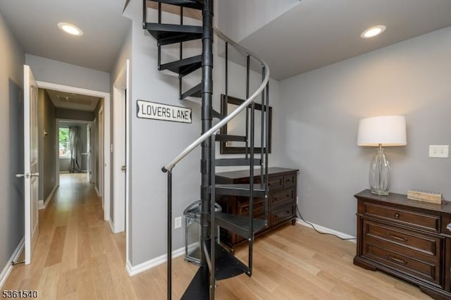 307 Squaw Trl, Hopatcong Boro, NJ 07821 - staircase with wood finished floors, baseboards, attic access, and recessed lighting