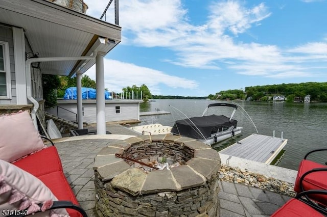 307 Squaw Trl, Hopatcong Boro, NJ 07821 - view of patio / terrace with an outdoor fire pit, a dock, and a water view